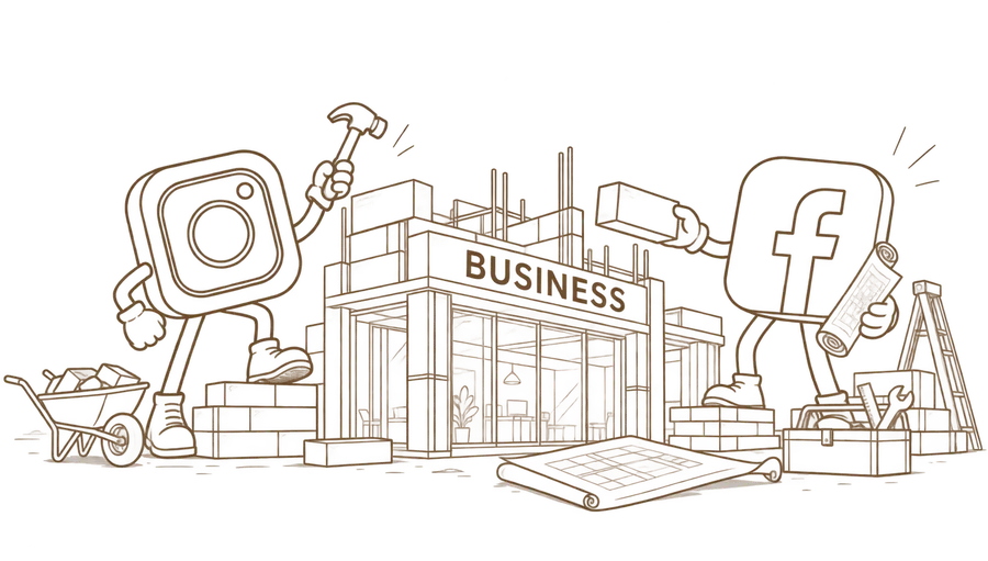 Instagram and Facebook building a business, illustrated as construction workers building a storefront